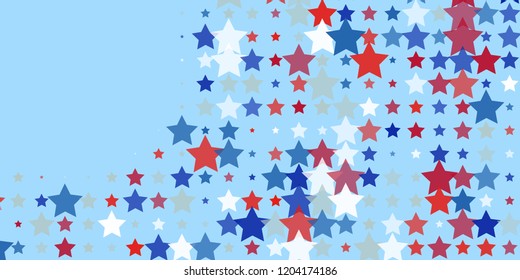 Starry background. Red, blue, white stars on light blue. American coloring. Bright design. Suitable for your design, cards, invitations, gifts, vip.