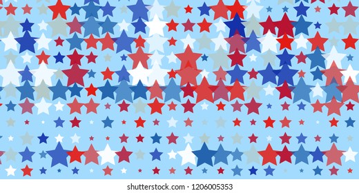Starry background. Red, blue, white stars on light blue. American coloring. Bright design. Suitable for your design, cards, invitations, gifts, vip.