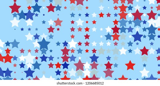 Starry background. Red, blue, white stars on light blue. American coloring. Bright design. Suitable for your design, cards, invitations, gifts, vip.