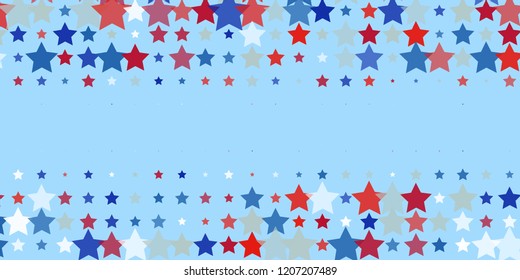 Starry background. Red, blue, white stars on light blue. American coloring. Bright design. Suitable for your design, cards, invitations, gifts, vip.