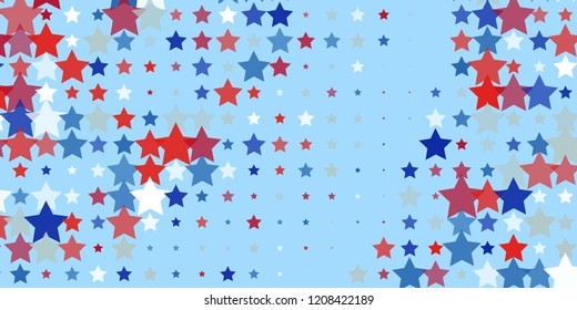 Starry background. Red, blue, white stars on light blue. American coloring. Bright design. Suitable for your design, cards, invitations, gifts, vip.