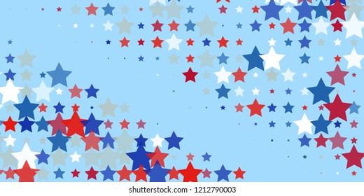 Starry background. Red, blue, white stars on light blue. American coloring. Bright design. Suitable for your design, cards, invitations, gifts, vip.