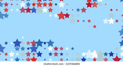 Starry background. Red, blue, white stars on light blue. American coloring. Bright design. Suitable for your design, cards, invitations, gifts, vip.