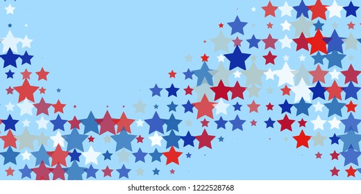 Starry background. Red, blue, white stars on light blue. American coloring. Bright design. Suitable for your design, cards, invitations, gifts, vip.