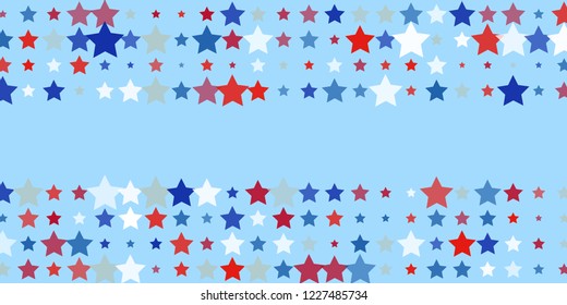 Starry background. Red, blue, white stars on light blue. American coloring. Bright design. Suitable for your design, cards, invitations, gifts, vip.