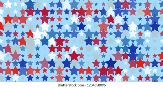Starry background. Red, blue, white stars on light blue. American coloring. Bright design. Suitable for your design, cards, invitations, gifts, vip.