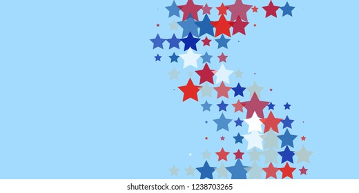 Starry background. Red, blue, white stars on light blue. American coloring. Bright design. Suitable for your design, cards, invitations, gifts, vip.