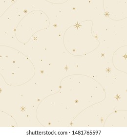 Starry background, seamless pattern. Modern luxury texture with gold line elements. Vector illustration