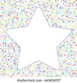 Starry Background. Square card star. Vector isolated confetti on white background pattern.  Small stars. Template for holiday designs, invitation, party, birthday, wedding.