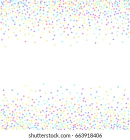 Starry Background. Square card star. Vector isolated confetti on white background pattern. Space for text. Small stars. Template for holiday designs, invitation, party, birthday, wedding.