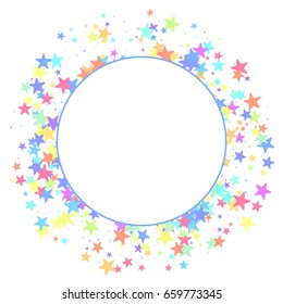 Starry Background. Square, round frame card star. Vector isolated confetti on white background pattern. Space for text. Small stars. Template for holiday designs, invitation, party, birthday, wedding.