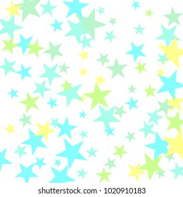 Starry Background. Background of stars. Blue, green and yellow stars. Vector isolated confetti on white background pattern. 