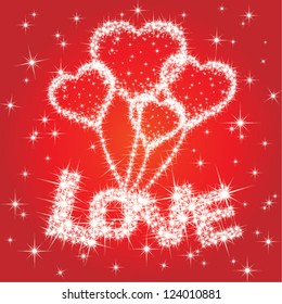 Starry background with twinkling heart balloon and love text - vector