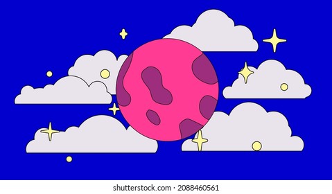 Starry blue sky with full moon and clouds. Cute flat art vector illustration.