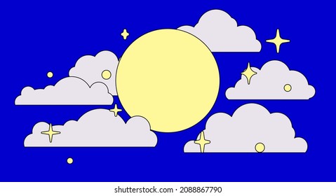 Starry blue sky with full moon and clouds. Cute flat art vector illustration.
