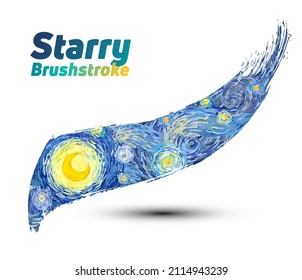 Starry brushstroke shape of glowing yellow moon on a sky of stars isolated on white background. Vector illustration in the style of impressionist paintings.