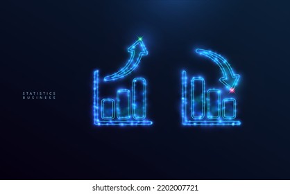 Starry business icon. Column chart, neon blue statistics with stars, bright dots and globes of light.