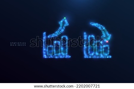 Starry business icon. Column chart, neon blue statistics with stars, bright dots and globes of light.
