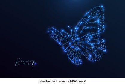 Starry butterfly. Stylized insect on blue background. Neon starlight in the universe. Silhouette of animal, holographic style.