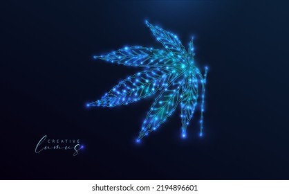 Hoja de cannabis estrellada en el espacio profundo. Plantas de marjuana en azul neón con puntos brillantes y globos de luz. 