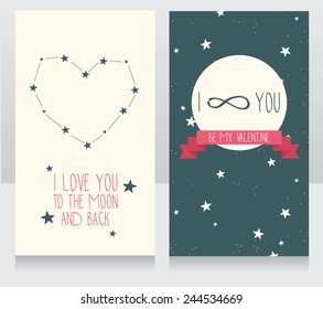 starry cards for valentine's day, heart formed constellation, vector illustration