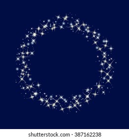Starry circle border on blue background. Vector illustration.