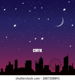 Starry city night with the moon