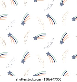 Starry comet space cute seamless vector pattern. Baby bed linen repeat background for print.