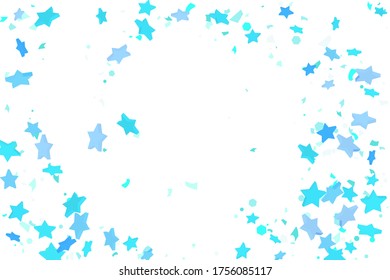 Starry Confetti. Blue random confetti background. Bright design template. Vector pattern with blue stars. Suitable for your design, cards, invitations, gift, VIP.