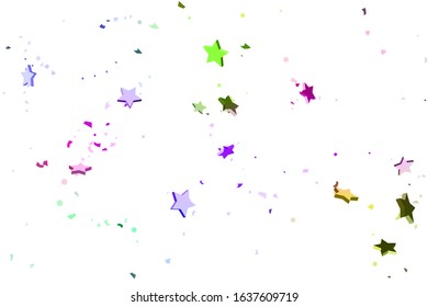 Starry Confetti. Falling star background. Random stars shine on a white background in blue, pink, green, violet, yellow. Suitable for your design, cards, invitations, gifts.