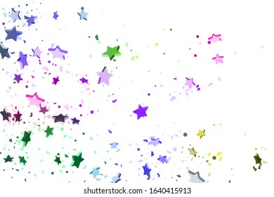 Starry Confetti. Falling star background. Random stars shine on a white background in blue, pink, green, violet, yellow. Suitable for your design, cards, invitations, gifts.