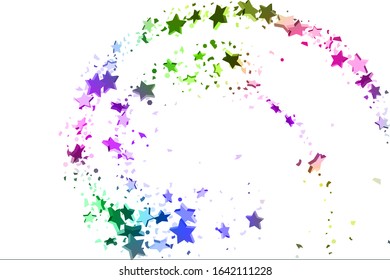 Starry Confetti. Falling star background. Random stars shine on a white background in blue, pink, green, violet, yellow. Suitable for your design, cards, invitations, gifts.