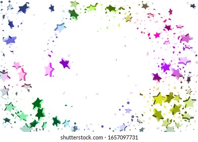 Starry Confetti. Falling star background. Random stars shine on a white background in blue, pink, green, violet, yellow. Suitable for your design, cards, invitations, gifts.
