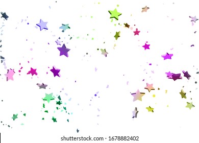 Starry Confetti. Falling star background. Random stars shine on a white background in blue, pink, green, violet, yellow. Suitable for your design, cards, invitations, gifts.