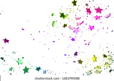 Starry Confetti. El fondo de la estrella cae. Las estrellas al azar brillan sobre un fondo blanco en azul, rosa, verde, violeta, amarillo. Adecuado para su diseño, tarjetas, invitaciones, regalos.