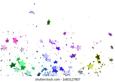 Starry Confetti. Falling star background. Random stars shine on a white background in blue, pink, green, violet, yellow. Suitable for your design, cards, invitations, gifts.