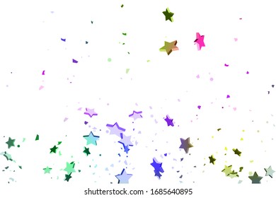Starry Confetti. Falling star background. Random stars shine on a white background in blue, pink, green, violet, yellow. Suitable for your design, cards, invitations, gifts.