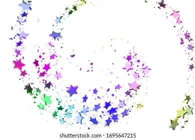 Starry Confetti. Fallender Sternhintergrund. Zufällige Sterne glänzen auf weißem Hintergrund auf blauem, rosafarbenem, grünem, violettem, gelbem Hintergrund. Geeignet für Ihr Design, Karten, Einladungen, Geschenke.