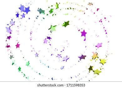 Starry Confetti. Falling star background. Random stars shine on a white background in blue, pink, green, violet, yellow. Suitable for your design, cards, invitations, gifts.