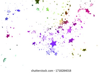 Starry Confetti. Falling star background. Random stars shine on a white background in blue, pink, green, violet, yellow. Suitable for your design, cards, invitations, gifts.