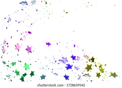 Starry Confetti. Falling star background. Random stars shine on a white background in blue, pink, green, violet, yellow. Suitable for your design, cards, invitations, gifts.