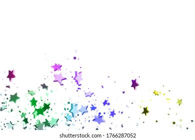 Starry Confetti. Falling star background. Random stars shine on a white background in blue, pink, green, violet, yellow. Suitable for your design, cards, invitations, gifts.