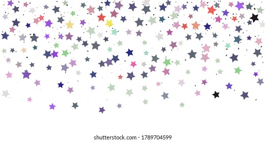 Starry Confetti. Estrellas aleatorias multicolores conforman el fondo. Plantilla de diseño brillante. Patrón vectorial con estrellas de color. Adecuado para tu diseño, tarjetas, invitaciones, regalo, VIP.