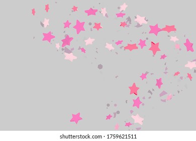 Starry Confetti. Pink random confetti background. Bright design template. Vector pattern with pink stars. Suitable for your design, cards, invitations, gift, VIP.