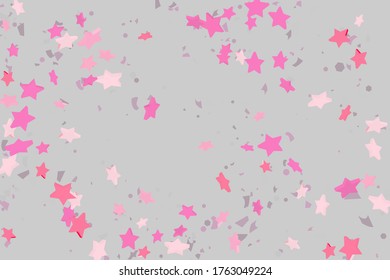 Starry Confetti. Pink random confetti background. Bright design template. Vector pattern with pink stars. Suitable for your design, cards, invitations, gift, VIP.