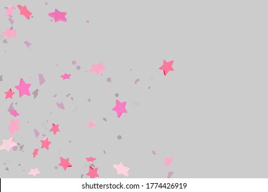Starry Confetti. Pink random confetti background. Bright design template. Vector pattern with pink stars. Suitable for your design, cards, invitations, gift, VIP.