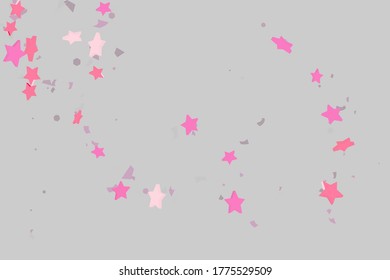 Starry Confetti. Pink random confetti background. Bright design template. Vector pattern with pink stars. Suitable for your design, cards, invitations, gift, VIP.