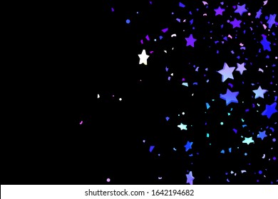 Starry Confetti. Shooting star background. Random stars shine on a black background. Dark sky in shining blue, pink, green, purple colors. Suitable for your design, cards, invitations, gifts.