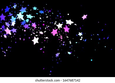 Starry Confetti. Shooting star background. Random stars shine on a black background. Dark sky in shining blue, pink, green, purple colors. Suitable for your design, cards, invitations, gifts.