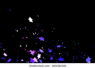 Starry Confetti. Shooting star background. Random stars shine on a black background. Dark sky in shining blue, pink, green, purple colors. Suitable for your design, cards, invitations, gifts.